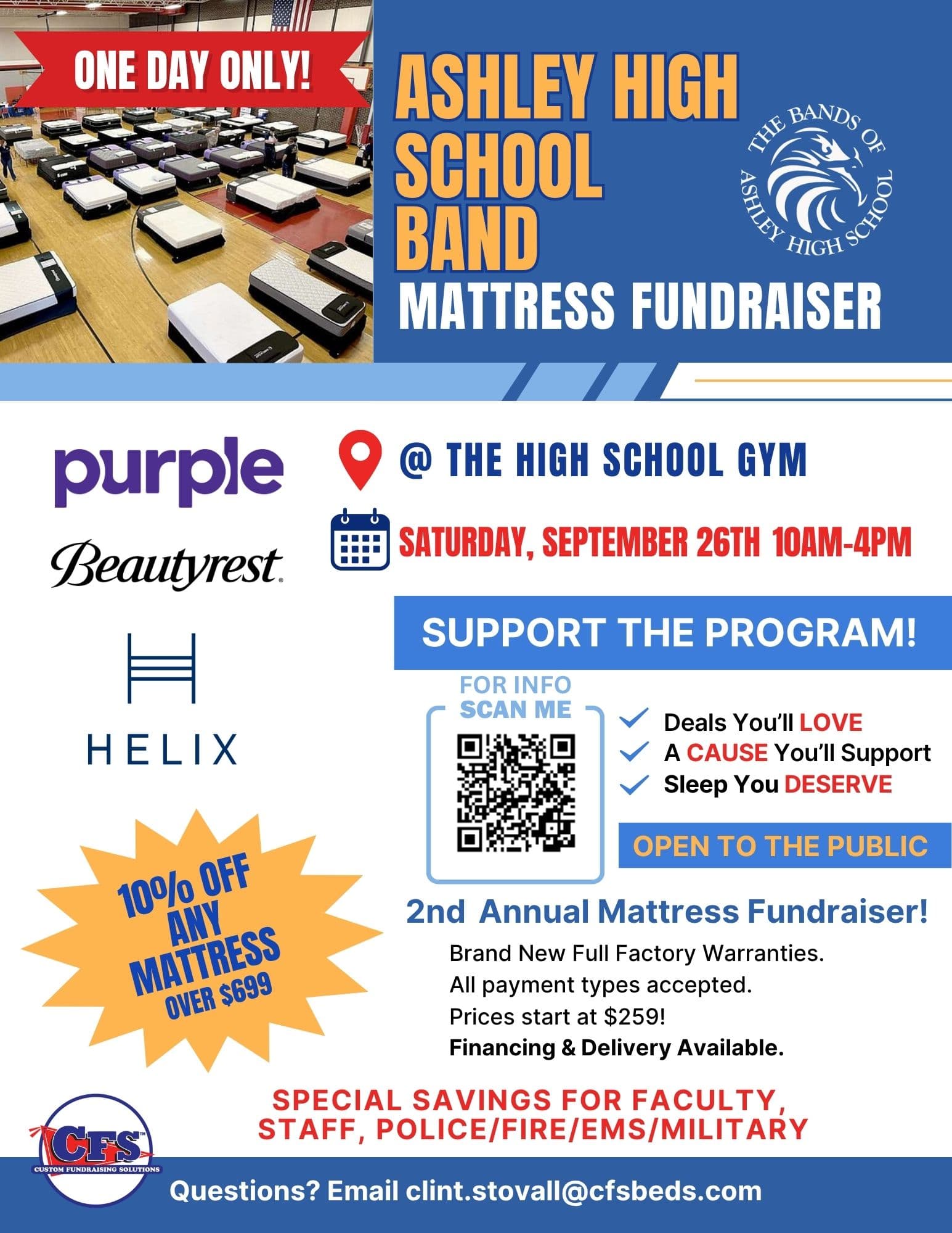 CFS mattress fundraiser event and VIP discount flyer
